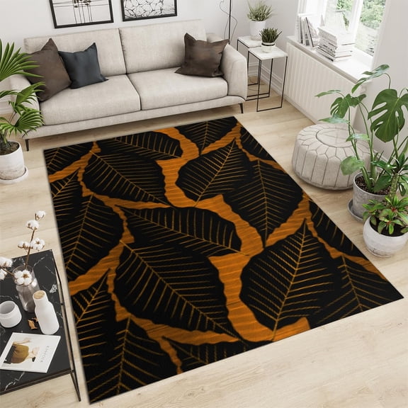 Area Rug Black Orange Plant Leaves Nordic Tropical Rainforest Leaf Print Bedroom Decor Office Rug Soft And Comfortable For Family And Pet Family And Pet 4x5ft