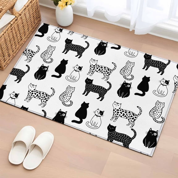 Area Rug Black White Cats Rectangle Area Rugs Washable Rug for Living Room Bedroom Dining Room, Cute Spotted Leopard Print Kitty Soft Non-slip Floor Carpet 2x3ft