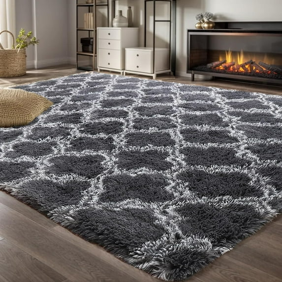 Brochao 5'x8' Shag Area Rug for Living Room, Diamond Geometric Indoor Area Rug, Fluffy Carpet Plush Rug, Soft Home Floor Bedroom Carpet, Gray