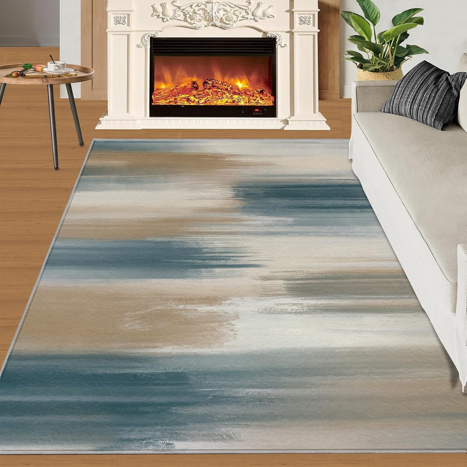 Area Rug, Brown and Blue Graffiti Rug for Living Room, Retro Nordic ...