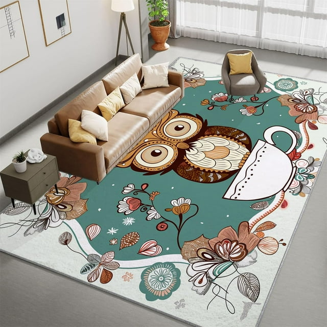 Area Rug, Cartoon Animal Owl Washable NonSlip Rectangle Rug, Colored