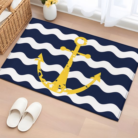 Area Rug Chic Nautical Anchor on Navy Blue White Sripes Soft Rectangle Area Rugs Washable Rug for Living Room Bedroom Dining Room, Chevron Zig Zag Non-slip Floor Carpet 2x3ft
