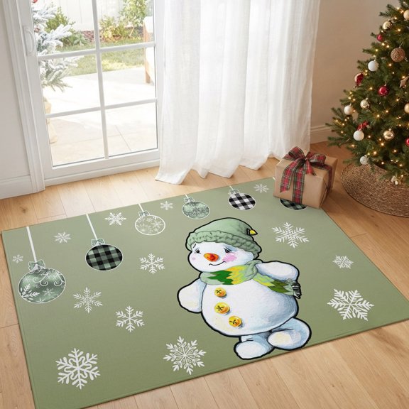 Area Rug Christmas Cartoon Snowman Ball Rectangle Area Rugs Washable Rug for Living Room Bedroom Dining Room, Green White Soft Non-slip Floor Carpet 2x3ft