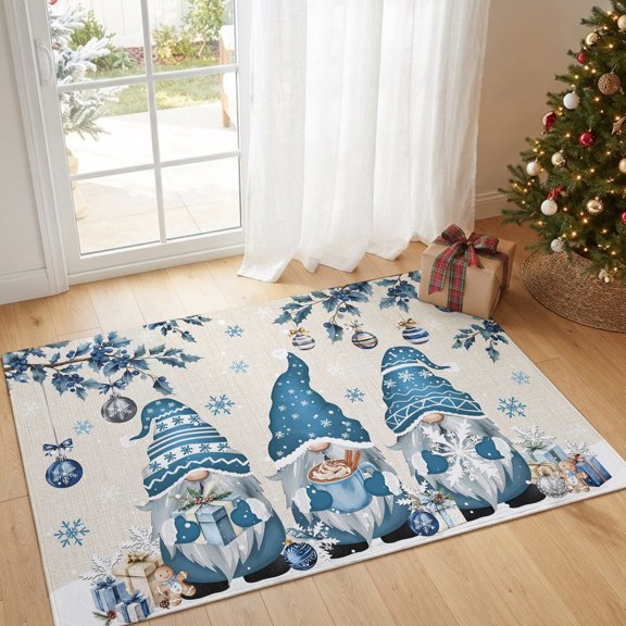 Area Rug Christmas Dwarf Blue Xmas Ball Rectangle Area Rugs Washable Rug for Living Room Bedroom Dining Room, Christmas Winter Retro Linen Soft Non-slip Floor Carpet 2x3ft