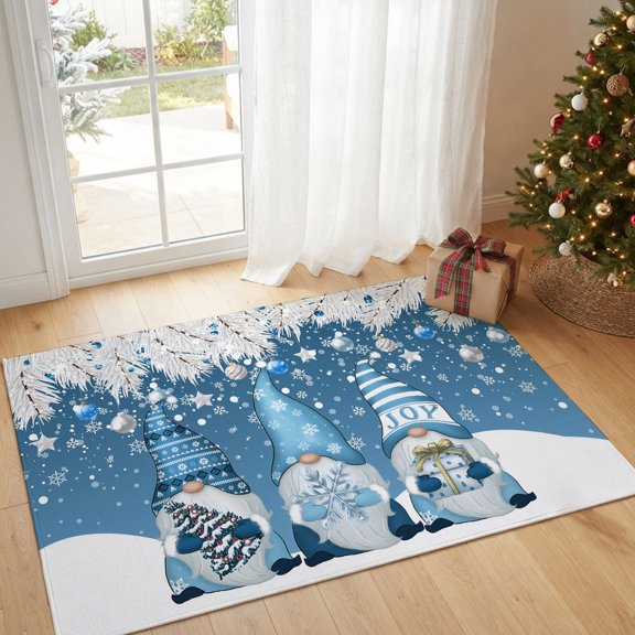 Area Rug Christmas Gnome Snowflake Xmas Ball Rectangle Area Rugs Washable Rug for Living Room Bedroom Dining Room, Silver Fir Leaves Blue Soft Non-slip Floor Carpet 2x3ft