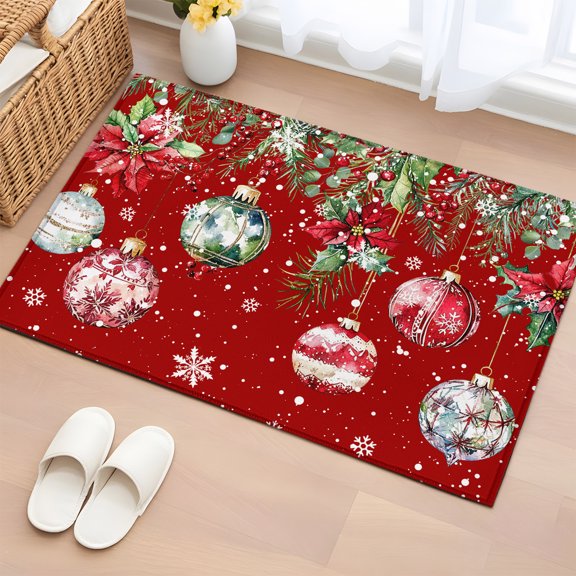 Area Rug Christmas Poinsettia Bells on Red Rectangle Area Rugs Washable Rug for Living Room Bedroom Dining Room, Snowflake Berry Fir Leaves Soft Non-slip Floor Carpet 2x3ft