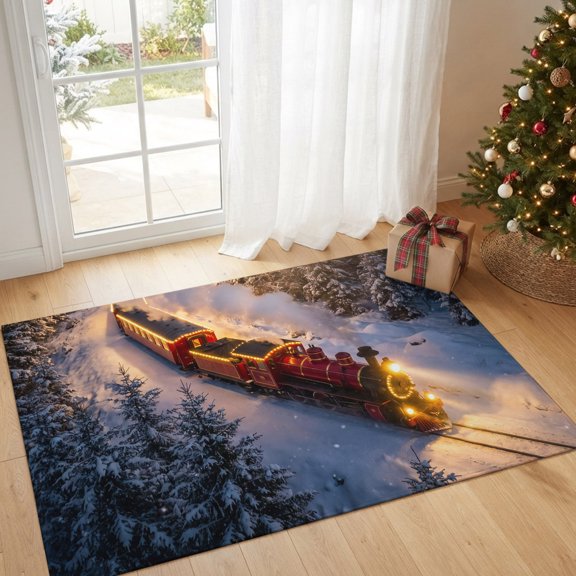 Area Rug Christmas Steam Train Rectangle Area Rugs Washable Rug for Living Room Bedroom Dining Room, Winter Snow Forest Soft Non-slip Floor Carpet 2x3ft