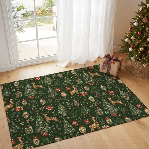 Area Rug Christmas Tree Elk Xmas Ball Rectangle Area Rugs Washable Rug for Living Room Bedroom Dining Room, Vintage Forest Green Soft Non-slip Floor Carpet 2x3ft