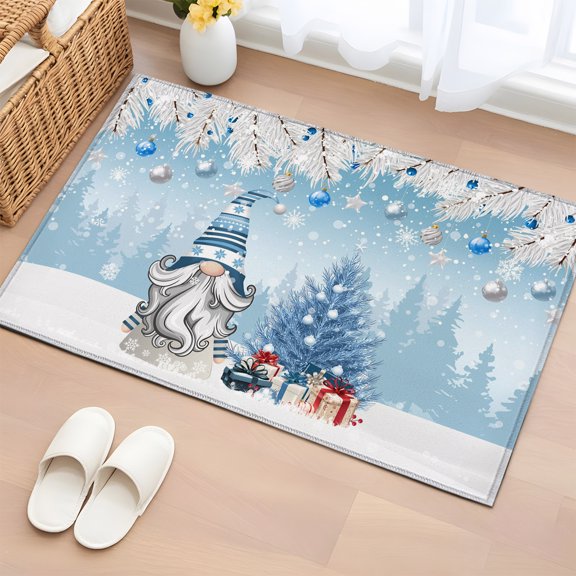Area Rug Christmas Tree Gnome Xmas Bell Blue Rectangle Area Rugs Washable Rug for Living Room Bedroom Dining Room, Winter Snow Fir Soft Non-slip Floor Carpet 2x3ft