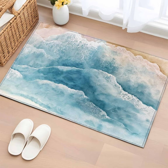 Area Rug Coastal Ocean Waves Rectangle Area Rugs Washable Rug for Living Room Bedroom Dining Room, Turquoise Watercolor Background Soft Non-slip Floor Carpet 2x3ft