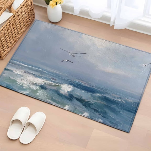Area Rug Coastal Seagulls Blue Crashing Waves Rectangle Area Rugs Washable Rug for Living Room Bedroom Dining Room, Rustic Seafoam Soft Non-slip Floor Carpet 2x3ft
