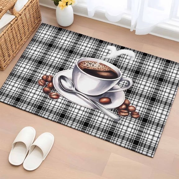 Area Rug Coffee Beans Cup Black White Buffalo Plaid Rectangle Area Rugs Washable Rug for Living Room Bedroom Dining Room, Vintage Cafe Style Soft Non-slip Floor Carpet 2x3ft