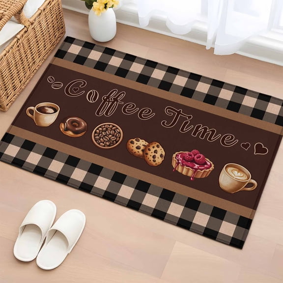 Area Rug Coffee Time Text Theme Rectangle Area Rugs Washable Rug for Living Room Bedroom Dining Room, Farmhouse Brown Buffalo Plaid Soft Non-slip Floor Carpet 2x3ft