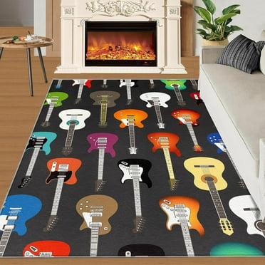 Area Rug Colorful Guitar Rug, Music Lovers Rugs for Bedroom, with Anti-Slip Backing Washable Low Pile Carpet for Living Room Room Dining Room-5x7ft