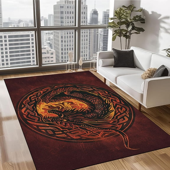 Area Rug Cool Dragon, Fire Dragon Rug, Red and Black Non-Slip Area Carpet Resist Dirt Washable Floorcover Mat for Sofa, Living Room, Bedroom, Office, Dining Room