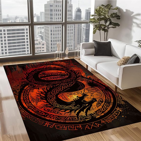 Area Rug Cool Dragon, Fire Dragon Rug, Red and Black Non-Slip Area Carpet Resist Dirt Washable Floorcover Mat for Sofa, Living Room, Bedroom, Office, Dining Room
