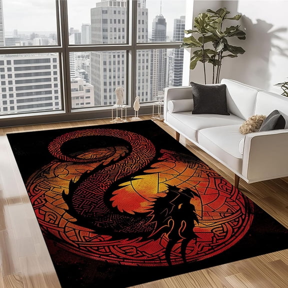 Area Rug Cool Dragon, Fire Dragon Rug, Red and Black Non-Slip Area Carpet Resist Dirt Washable Floorcover Mat for Sofa, Living Room, Bedroom, Office, Dining Room