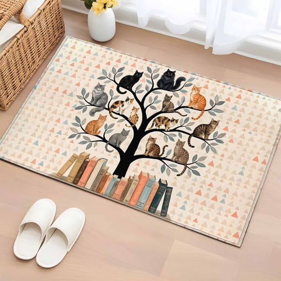 Area Rug Cute Cats on Tree Books Rectangle Area Rugs Washable Rug for Living Room Bedroom Dining Room, Leaves Geometric Triangle Soft Non-slip Floor Carpet 2x3ft