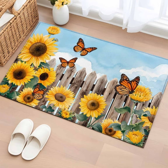 Area Rug Farm Sunflowers Fence Rectangle Area Rugs Washable Rug for Living Room Bedroom Dining Room, Butterflies on Blue Background Soft Non-slip Floor Carpet 2x3ft