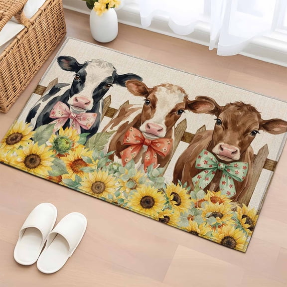 Area Rug Farmhouse Cow Sunflower Burlap Rectangle Area Rugs Washable Rug for Living Room Bedroom Dining Room, Rustic Wooden Fence Soft Non-slip Floor Carpet 2x3ft