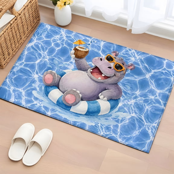 Area Rug Floating Hippopotamus Swim Ring Rectangle Area Rugs Washable Rug for Living Room Bedroom Dining Room, Summer Coconut Drink Pool Soft Non-slip Floor Carpet 2x3ft