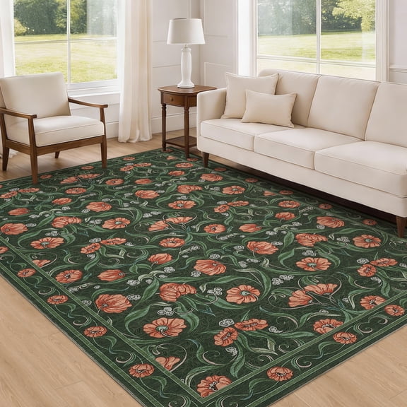 Area Rug, Floral Modern Washable Rugs, Non-Slip Low-Pile Soft Floor Carpet for Bedroom, Living Room, Dining Room