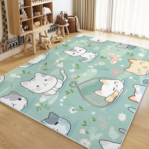 Area Rug For Living Room Cartoon Animal Cat Carpets, Washable Rugs, White Print Low-Pile Non-Slip Rugs For Office Kitchen Entryway Decorative Carpets