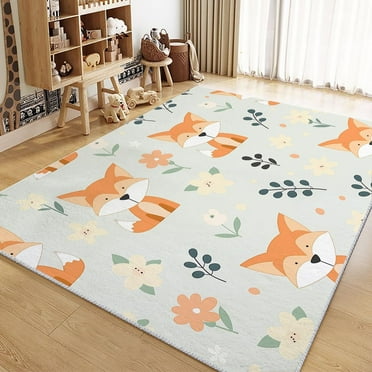 Area Rug For Living Room Cartoon Animal Fox Carpets, Washable Rugs, Green Print Low-Pile Non-Slip Rugs For Office Kitchen Entryway Decorative Carpets
