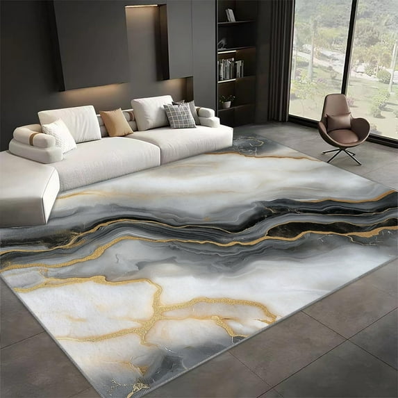Area Rug For Living Room, Washable Marble Wave Line Printed Rug, Gray Rectangle Rugs Non-Slip Carpet For Kitchen, Bedroom, Office, Dining Room Decorative Carpet