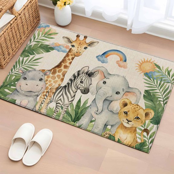 Area Rug Giraffe Elephant Zebra Tiger Soft Rectangle Area Rugs Washable Rug for Living Room Bedroom Dining Room, Cartoon Animal Leaf Retro Linen Non-slip Floor Carpet 2x3ft