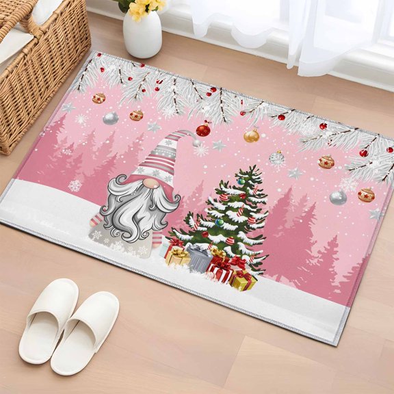 Area Rug Gnome Christmas Tree Bell Snow Fir Rectangle Area Rugs Washable Rug for Living Room Bedroom Dining Room, Pink Soft Non-slip Floor Carpet 2x3ft