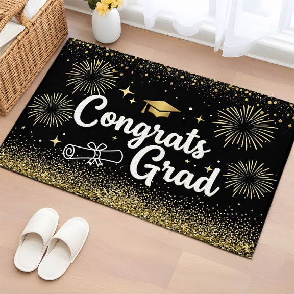 Area Rug Graduation Mortarboard Fireworks Soft Rectangle Area Rugs Washable Rug for Living Room Bedroom Dining Room, Shining Stars Gold Black Non-slip Floor Carpet 2x3ft