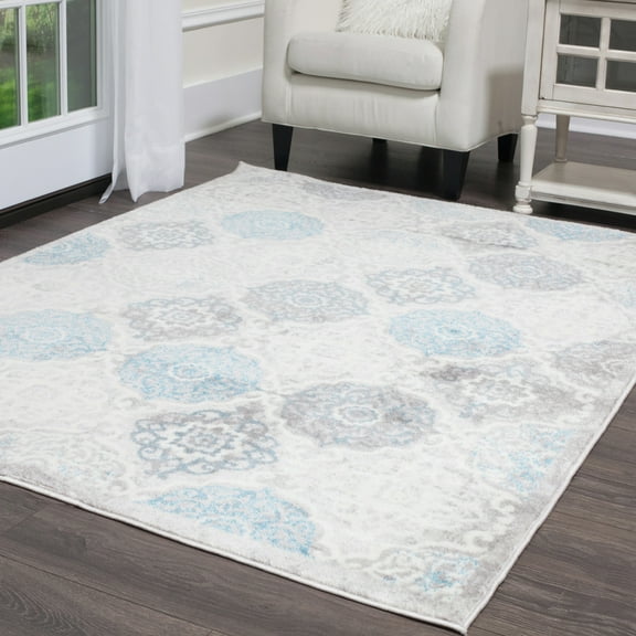 Area Rug Gray Blue Green Contemporary Modern Petals Rug - 5' 2" x 7' 2" Rectangle Ivory Gray