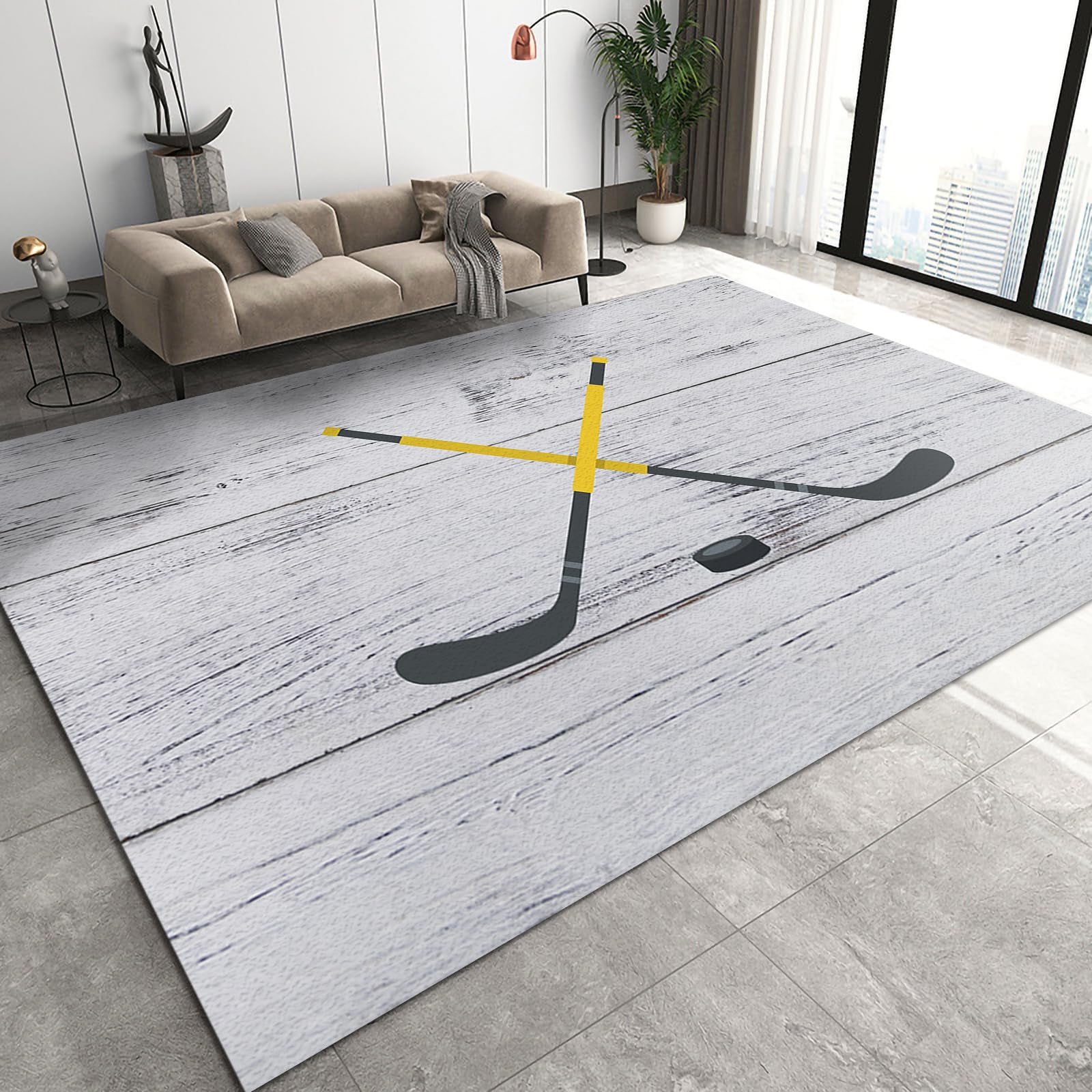 Area Rug, Grayish Yellow Ice Hockey Hockey Kids Rug, Modern Sports