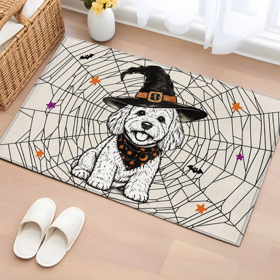 Area Rug Halloween Cute Poodle Dog Rectangle Area Rugs Washable Rug for Living Room Bedroom Dining Room, Witch Hat Stars Pattern Soft Non-slip Floor Carpet 2x3ft