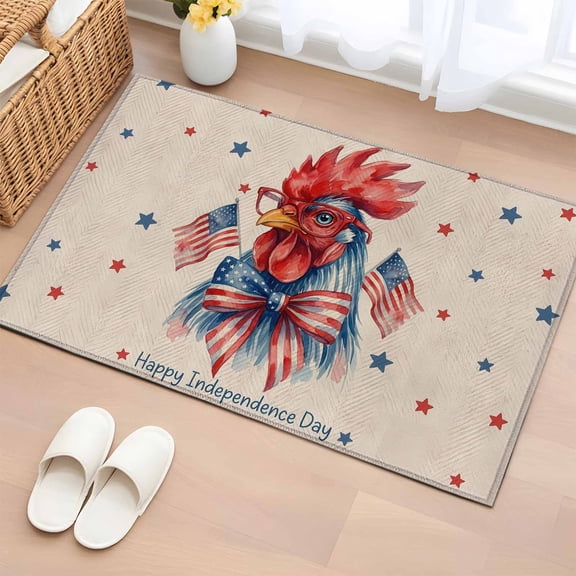 Area Rug Happy Independence Day Chicken Rectangle Area Rugs Washable Rug for Living Room Bedroom Dining Room, Red Blue Star on Linen Soft Non-slip Floor Carpet 2x3ft