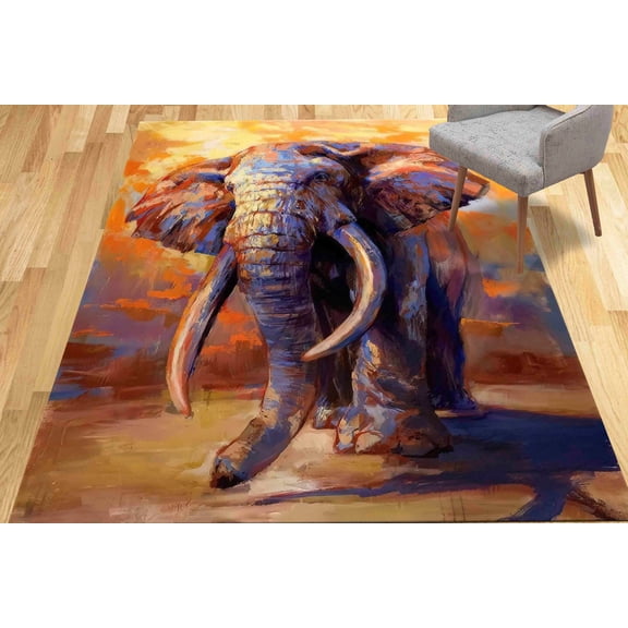 Area Rug, Home Decor Rugs, Luxury Rugs, Yellow Rug, Salon Rug, Elephant Painting Rug, Elephant Lover Gift Rug, Animal Rugs, Runner Rug, 5.2'x7.5' - 160x230 cm