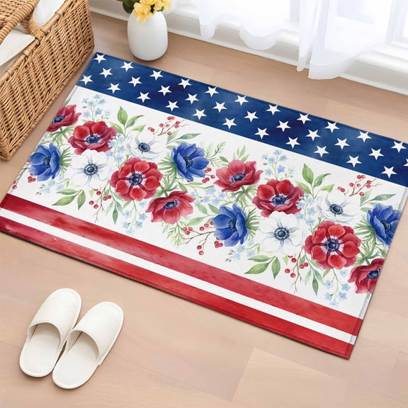 Area Rug Independence Day Star Striped Flag Rectangle Area Rugs Washable Rug for Living Room Bedroom Dining Room, 250th Anniversary Floral Soft Non-slip Floor Carpet 2x3ft