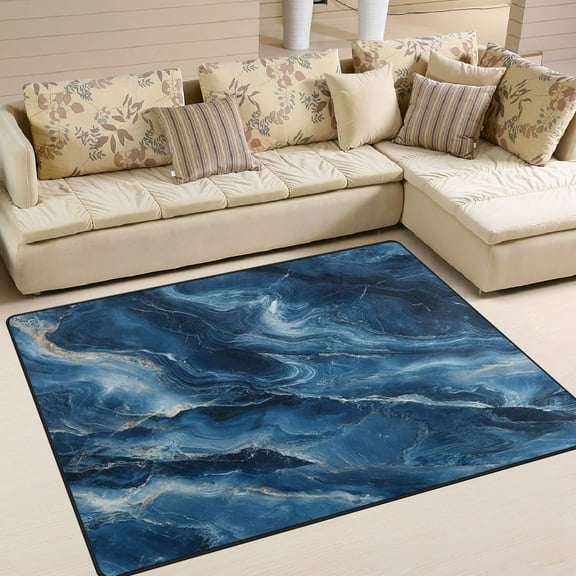 Area Rug Indoor 63"x48" Non-Slip Wear Resistant Floor Mats Soft Large Carpets for Living Room, Bedroom, Home Decor Washable Rug Dark Blue Marbled