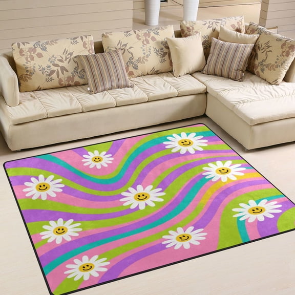 Area Rug Indoor 63"x48"in Non-Slip Wear Resistant Floor Mats Soft Large Carpets for Living Room Bedroom Home Decor Smiling Daisy on Multicolor Background