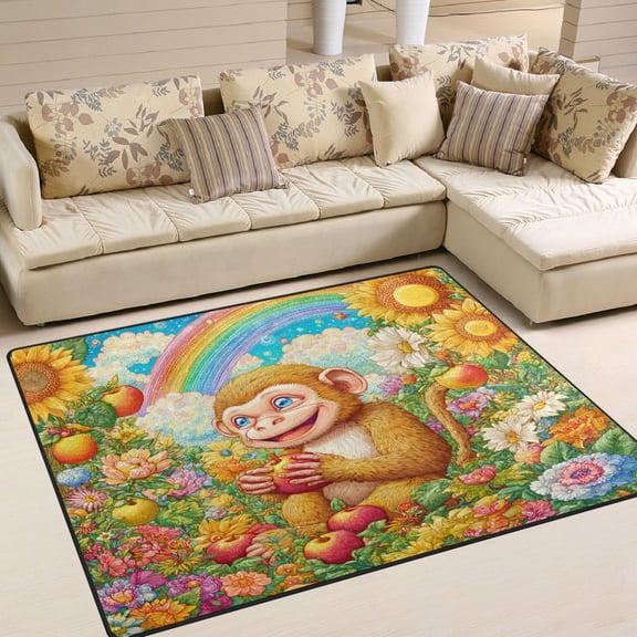 Area Rug Indoor 63"x48"in Non-Slip Wear Resistant Floor Mats Soft Large Carpets for Living Room Bedroom Home Decor Beautiful Garden and Monkey