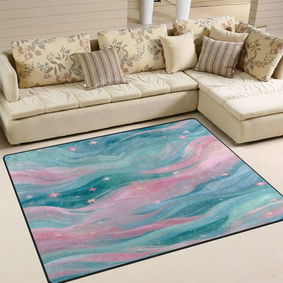 Area Rug Indoor 63"x48"in Non-Slip Wear Resistant Floor Mats Soft Large Carpets for Living Room Bedroom Home Decor Pastel Blue and Pink Waves