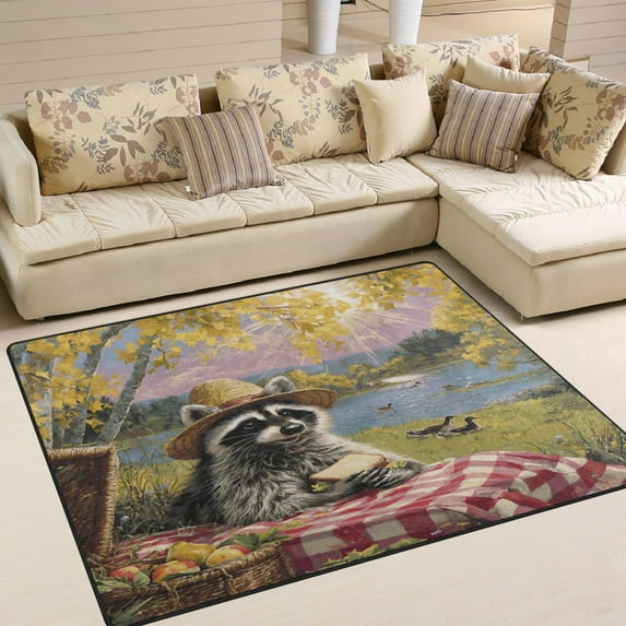 Area Rug Indoor 63"x48"in Non-Slip Wear Resistant Floor Mats Soft Large Carpets for Living Room Bedroom Home Decor Picnic Cute Raccoon