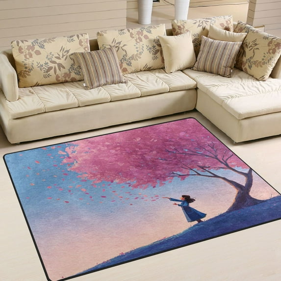 Area Rug Indoor 63"x48"in Non-Slip Wear Resistant Floor Mats Soft Large Carpets for Living Room Bedroom Home Decor Pink Tree