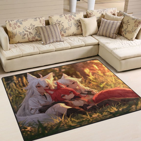 Area Rug Indoor 63"x48"in Non-Slip Wear Resistant Floor Mats Soft Large Carpets for Living Room Bedroom Home Decor Three Anime Foxes