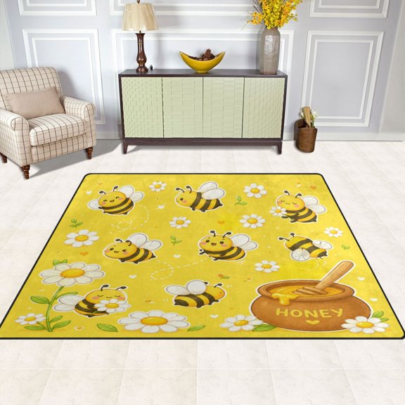 Area Rug Indoor 63"x48"in Non-Slip Wear Resistant Floor Mats Soft Large Carpets for Living Room Bedroom Home Decor Yellow Honey Bee Daisy Print