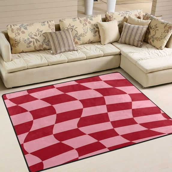 Area Rug Indoor 80"x58" Non-Slip Wear Resistant Floor Mats Soft Large Carpets for Living Room, Bedroom, Home Decor Washable Rug Red Twisted Checkered