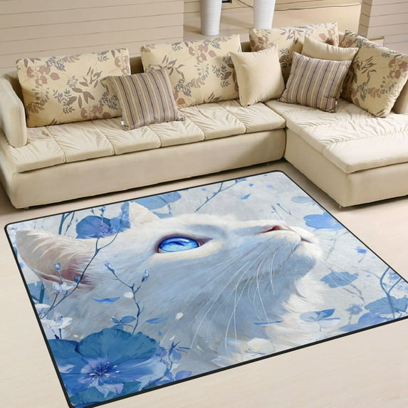 Area Rug Indoor 80"x58"in Non-Slip Wear Resistant Floor Mats Soft Large Carpets for Living Room Bedroom Home Decor Blue Eyes White Cat