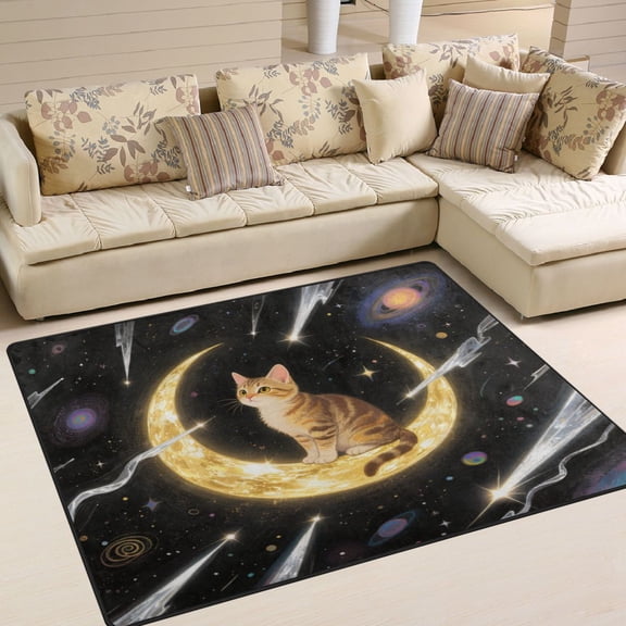 Area Rug Indoor 80"x58"in Non-Slip Wear Resistant Floor Mats Soft Large Carpets for Living Room Bedroom Home Decor Brown Cat on The Moon