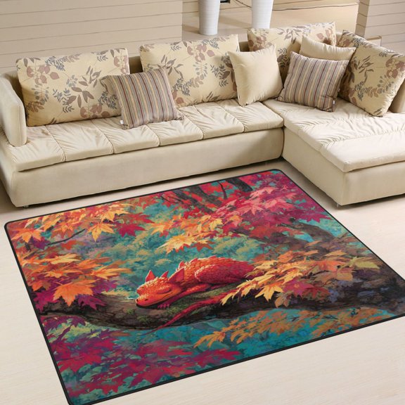 Area Rug Indoor 80"x58"in Non-Slip Wear Resistant Floor Mats Soft Large Carpets for Living Room Bedroom Home Decor Cute Red Dragon at Rest